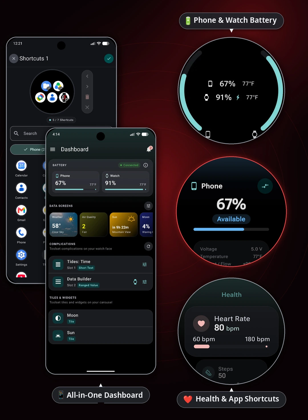 Wear OS Toolset All-in-One Phone Dashboard, Phone & Watch Battery, Heart Rate, Steps and App Shortcuts